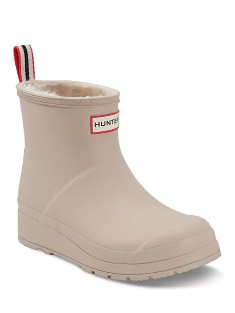 Hunter PLAY Short Fleece-Lined Rain Boots in Light Beige with Red Pull Tabs